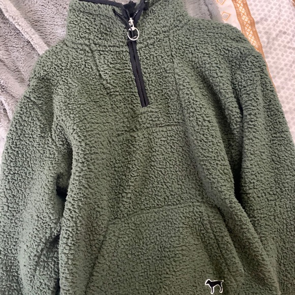 PINK Victoria's Secret Sweaters - PINK VICTORIA’S SECRET OLIVE GREEN FLEECE PULLOVER